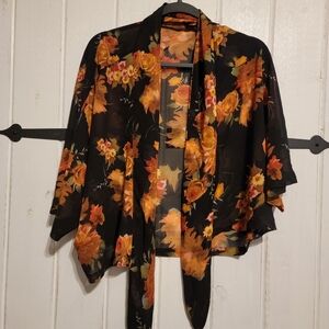 Source Unknown Black and Orange Floral Kimono Coverup